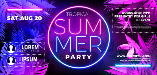 Wall Mural - Summer Party Banner Design Template with Glowing Neon Light on Fluorescent Tropic Leaves Background. Vector Summer Celebration Holiday Illustration for Banner, Flyer, Invitation or Celebration Poster.