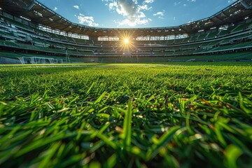 A vibrant and dynamic low angle shot of the lush green grass of a stadium field lit up by the sunrise with the stadium stands in the background