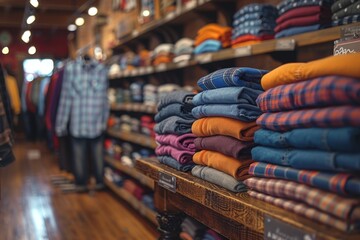 Neatly stacked and arranged clothing and accessories in a variety of colors in a retail clothing store
