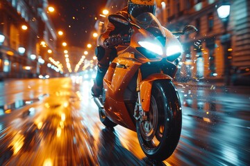 Poster - A dynamic image showing a vibrant orange motorcycle speeding down a city street illuminated by streetlights and bokeh