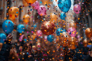 Poster - A vibrant photo capturing a celebration moment with colorful balloons and flying confetti in the midst of a crowd