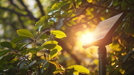 A detailed view of sunlight filtering through the leaves of a tree onto a solar-powered garden light, showcasing the simplicity and effectiveness of solar energy in everyday applications 