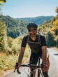 © yj - smiling man riding a bike in a wild road in the countryside leading to rolling hills and forested areas on both sides under a clear blue sky. generative AI
