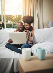 Sticker - Home, happiness and black couple with laptop, love and connection with internet, smile and lens flare. Apartment, sunshine or man with woman, computer and online for streaming service or comedy movie