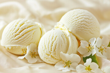 Sticker - Vanilla ice cream scoops garnished with white blossoms on a creamy textile backdrop, evoking concepts of summer refreshment and dessert menus