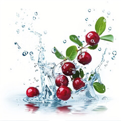 Canvas Print - Fresh Lingberry with vibrant green leaves splashing into water with dynamic droplets, ideal for summer refreshment and healthy eating concepts