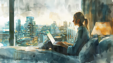 A young woman enjoys remote work with a laptop in a high-rise apartment overlooking the urban skyline, evoking themes of telecommuting, technology, and modern lifestyle