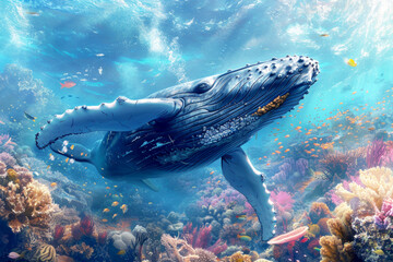 Wall Mural - Majestic Humpback Whale Gliding Through the Deep Blue