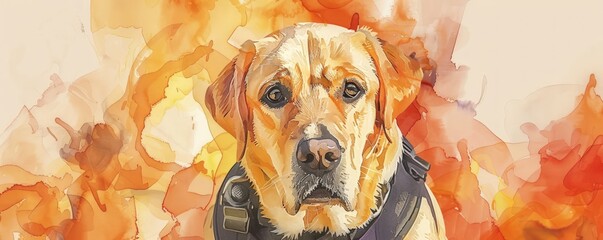 Wall Mural - A dog is sitting in front of a fire with a yellow background