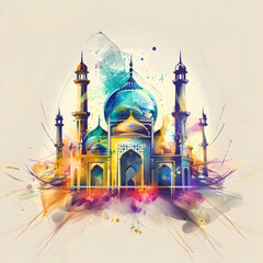 Wall Mural - watercolor painting Eid al adha islamic logo t-shirt poster design.Eid al adha, eid al fitr concept illustration background,Generative Ai