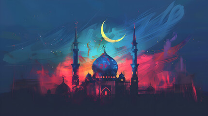 Wall Mural - watercolor painting Eid al adha islamic Background.Eid al adha, eid al fitr concept illustration background,Generative Ai