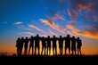 A group of friends standing in silhouette against the backdrop of an open field, arms around each other's shoulders as they gaze towards the horizon with their backs to camera Generative AI