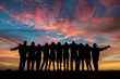 A group of friends standing in front, arms around each other's backs at sunset The silhouette against the sky shows their unity and support for one another Generative AI
