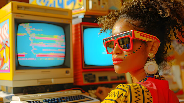 Vibrant portrait of a stylish woman in retro eyewear, surrounded by vintage computer screens displaying colorful graphics