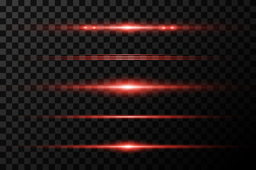 Wall Mural - set of red horizontal lines. laser beams, beautiful light with glare. on a transparent background.