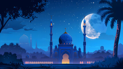 Wall Mural - Mosque with crescent moon and star Eid al adha ,eid al fitr islamic background,Generative Ai