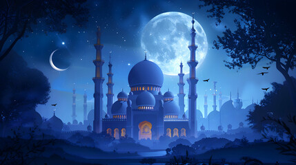 Poster - Mosque with crescent moon and star Eid al adha ,eid al fitr islamic background,Generative Ai