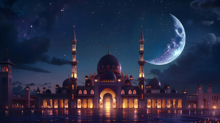 Canvas Print - Mosque with crescent moon and star Eid al adha ,eid al fitr islamic background,Generative Ai