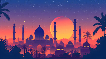 Poster - Mosque with crescent moon and star Eid al adha ,eid al fitr islamic background,Generative Ai