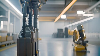 Poster - yellow robot standing in warehouse generative ai