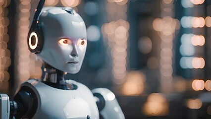 Poster - Robot Listening to Music in Front of Lights Generative AI