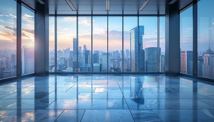 Wall Mural - A large, empty room with a view of a city skyline by AI generated image