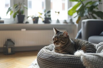 Wall Mural - Cute cat lying on soft cat bed at home