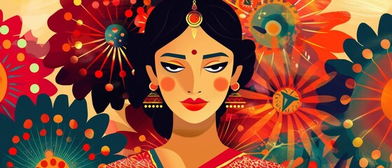 Abstract modern art collage portrait of a festive Diwali celebration, infused with retro colors and presented as a kawaii template sharpen with copy space