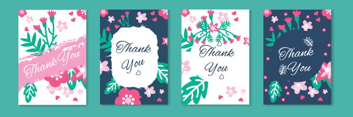 Thank you vector cards set of lettering and scandinavian flowers