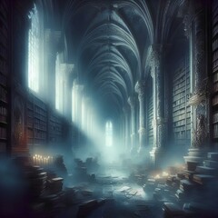 Wall Mural - Fantasy forgotten library bathed in ethereal moonlight, bookshelves stretching into infinity, whispered secrets echoing through the dusty halls.