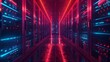 The red and blue lights in the server room create a futuristic atmosphere.