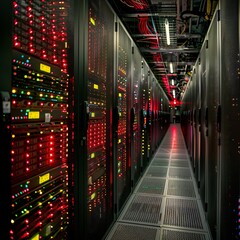 Poster - Conceptual image of a modern data center. Rows of server racks with bright red indicator lights.