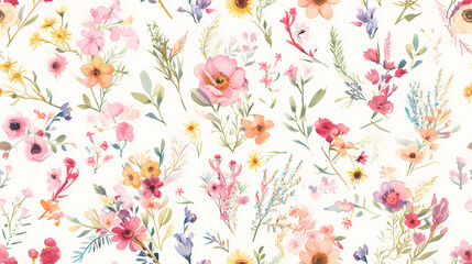  Seamless pattern with watercolor flowers. Hand-drawn illustration.