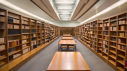Poster - Library Filled With Wooden Bookshelves Generative AI