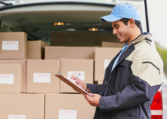 Aufkleber - Man, writing and delivery with van, checklist and invoice or updates on courier service or quality control. Male dispatcher, clipboard and logistics with records or documents for stock inspection.