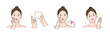 Skincare illustrations set. Collection of girl with problem skin applying pimple patch or absorbing pad on her face. Skin care routine and acne treatment concept. Vector illustration.