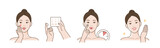 Fototapeta Panele - Skincare illustrations set. Collection of girl with problem skin applying pimple patch or absorbing pad on her face. Skin care routine and acne treatment concept. Vector illustration.