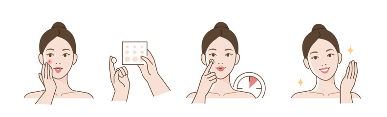 skincare illustrations set. collection of girl with problem skin applying pimple patch or absorbing 