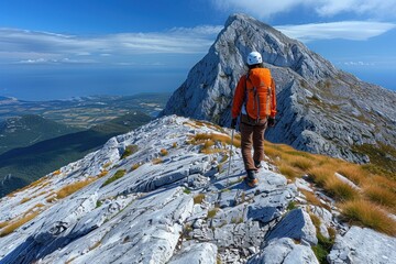 A man standing confidently on a mountain peak, carrying a backpack