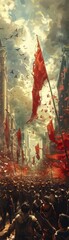 Wall Mural - A painting of a city with a large red flag flying in the sky