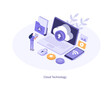 Character making backup and uploading multimedia files and other data on cloud server storage. Technology concept. Isometric vector illustration.