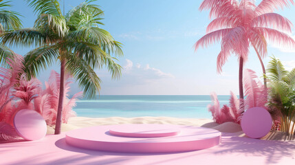 Wall Mural - A blue and pink archway with palm trees and a blue ocean in the background