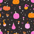 Pink and orange magic halloween seamless pattern with pumpkins, mushrooms and stars. Vector illustration