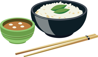 Asian cuisine essentials - rice, miso soup, and chopsticks