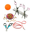 Pet accessories concept. Dry food, Scissors, comb and leash for pet on isolated white . Collage.