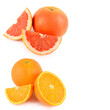 Ripe juicy orange and grapefruit isolated on white. There is free space for text. Collage.