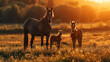 Family of Horses Bonding at Sunset in Serene Field Environment  