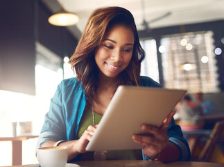 Canvas Print - Cafe, thinking and woman with tablet, typing and connection with internet, social media and digital app. Person, copywriting and girl in restaurant, tech and network for email notification and smile