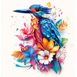 illustration of bird sitting with flowers on white background
