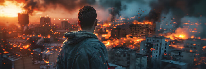 Wall Mural - Man looking at a burning city